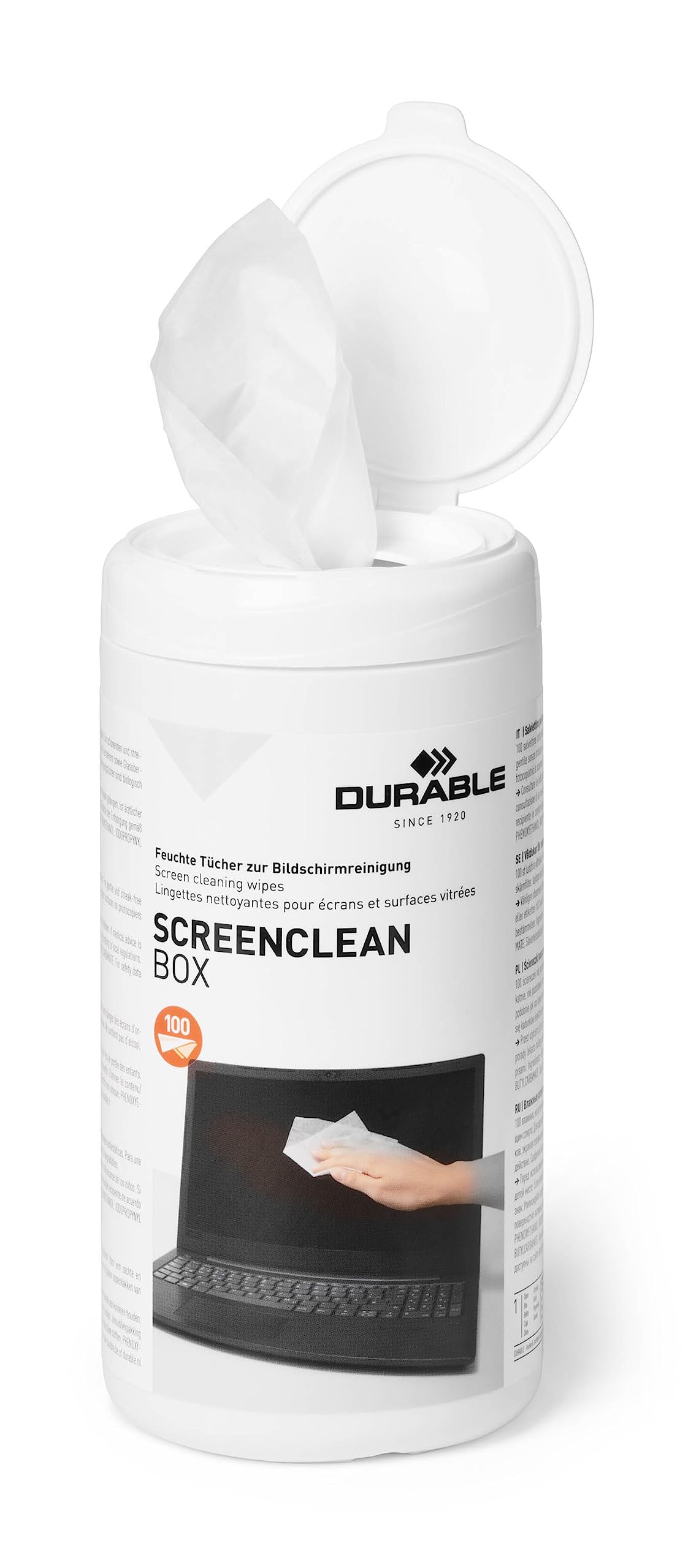 durable-screenclean-573602-bo-te-100-lingettes-nettoyantes-sans-alcool-crans image 1
