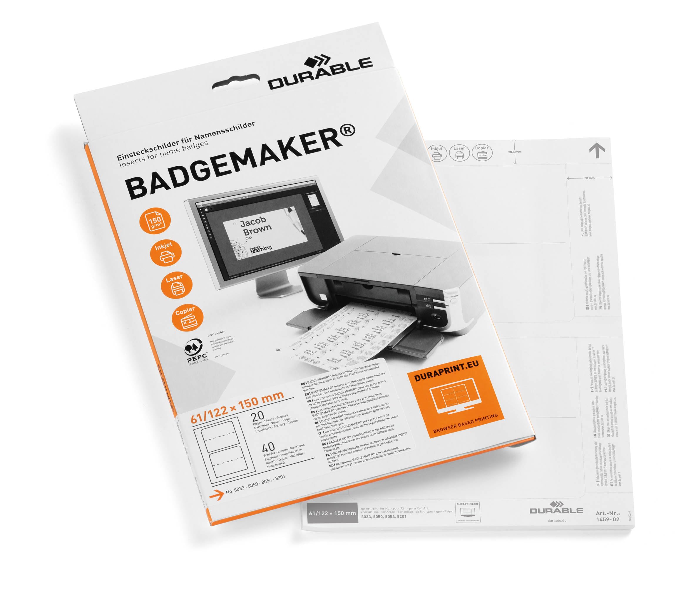 durable-duracard-20-planches-a4-insertions-badges-61-122x150mm-40-insertions-imp image 1